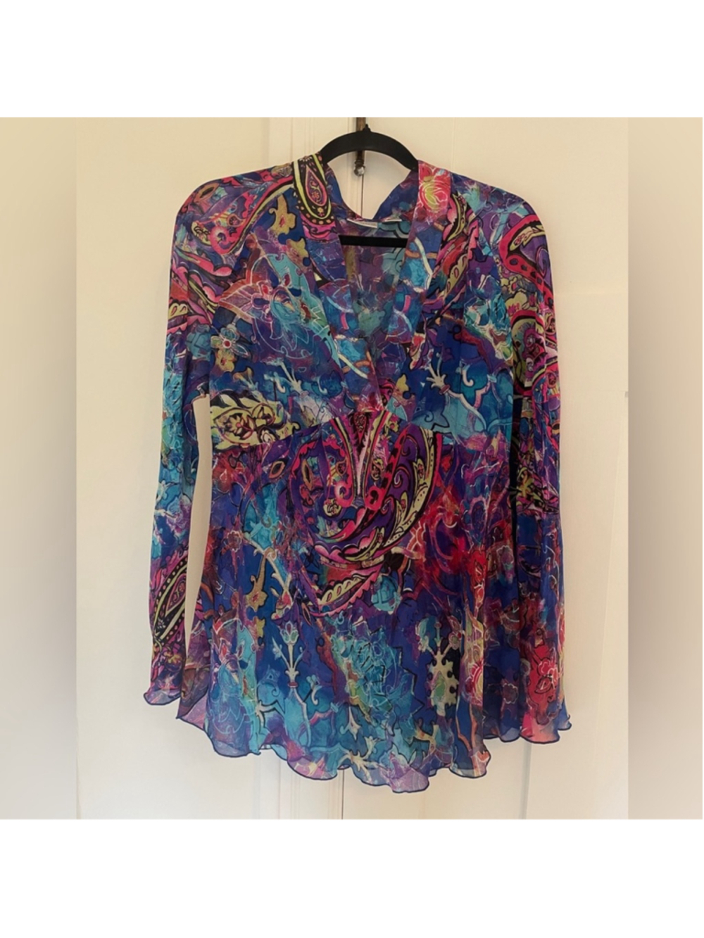 Chico's Silk Sheer Abstract Colourful Tie Dye Paisley Bell Sleeve Tunic Blouse